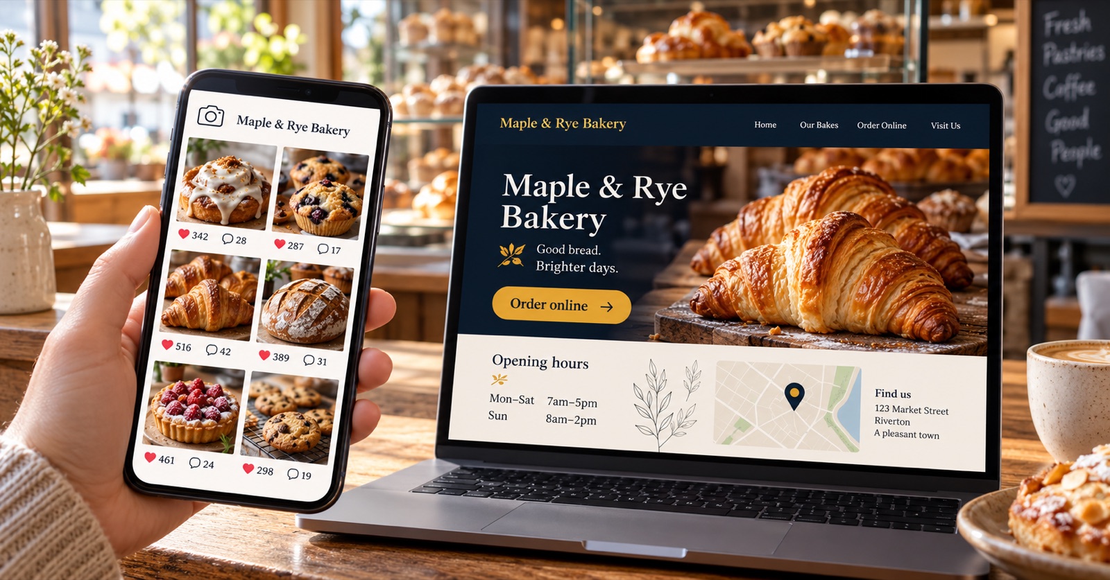 A hand holding a phone showing a bakery's social media photo grid, next to a laptop showing the bakery's website with an Order online button, hours and a map