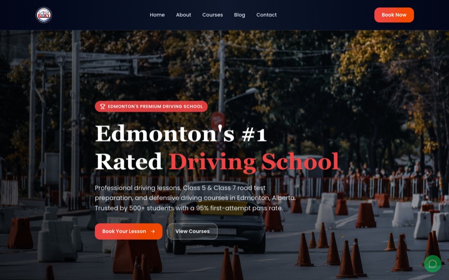 Lucky Driving School homepage, with a driving course photo and Book Your Lesson buttons