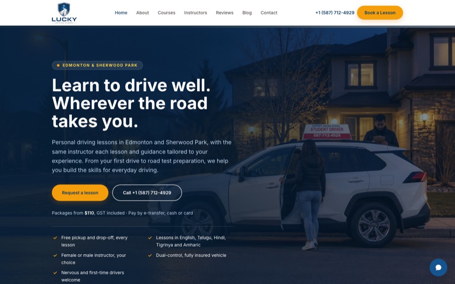 Lucky Driving School homepage with its navy and gold design, student-driver vehicle and Request a lesson button