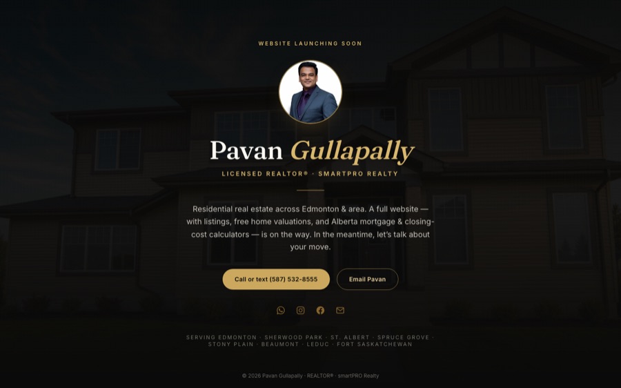 Pavan Gullapally launch page, with his photo, REALTOR credentials and call or text buttons