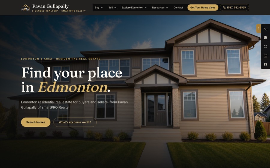 Pavan Gullapally homepage with an Edmonton home at dusk and Search homes and What’s my home worth buttons