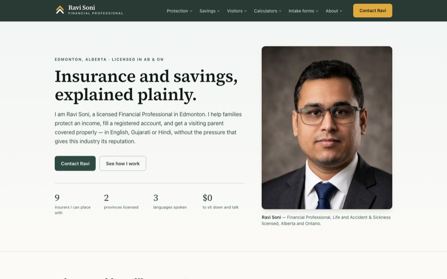 Ravi Soni financial professional homepage, with his headshot, licensing details and key figures